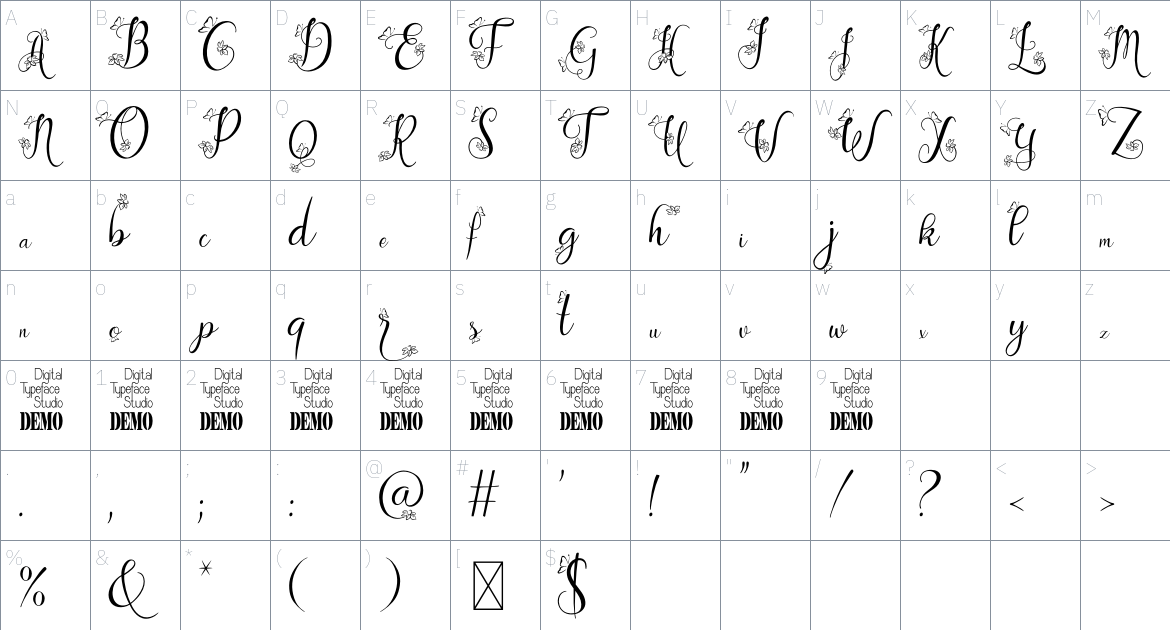 Gloryta font Character Map