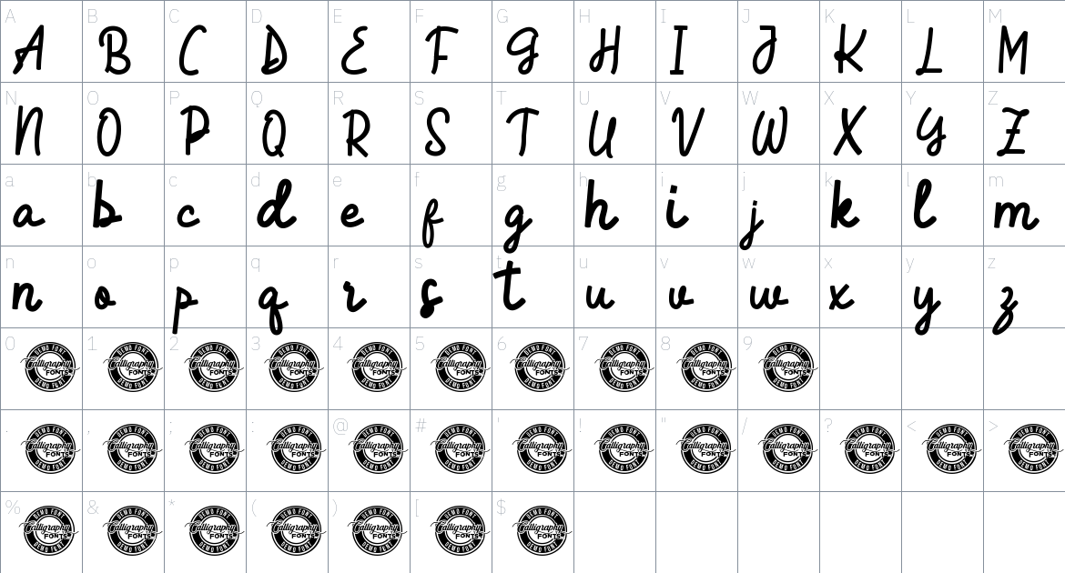 Hand Writing font Character Map