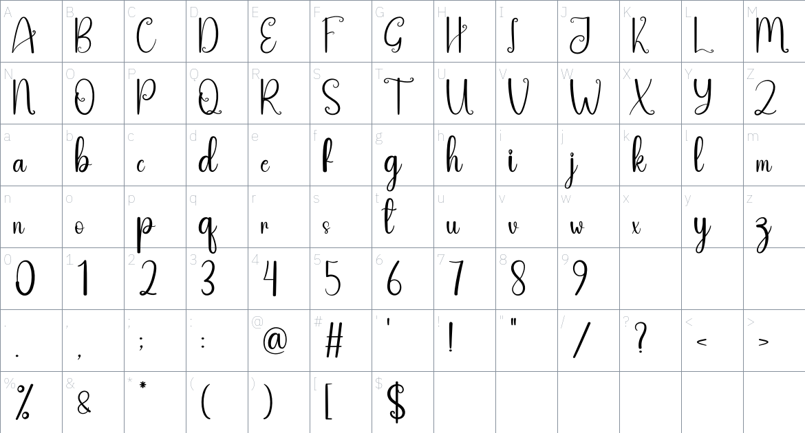 Bovely font Character Map