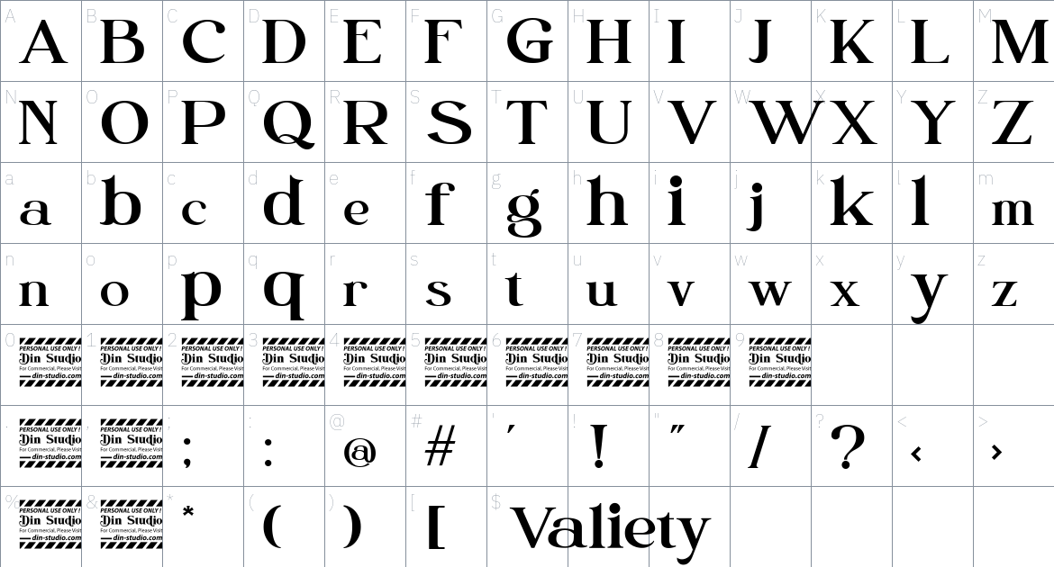 Valiety font Character Map