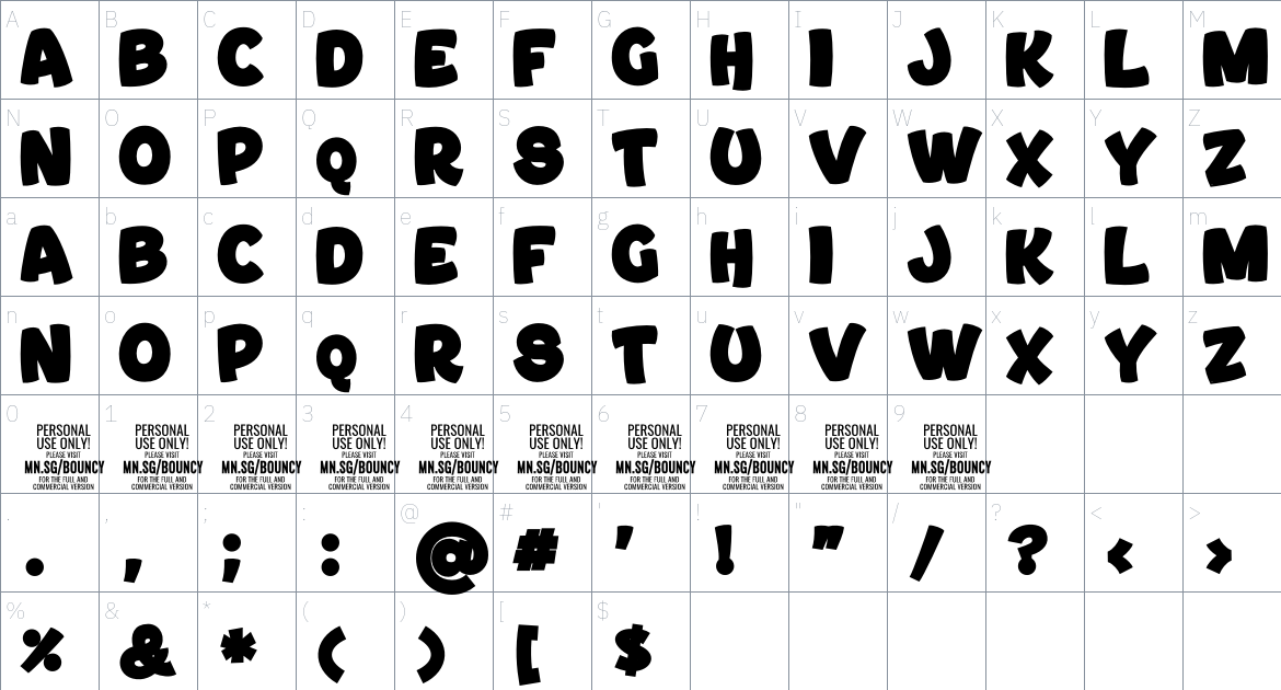 Bouncy font Character Map