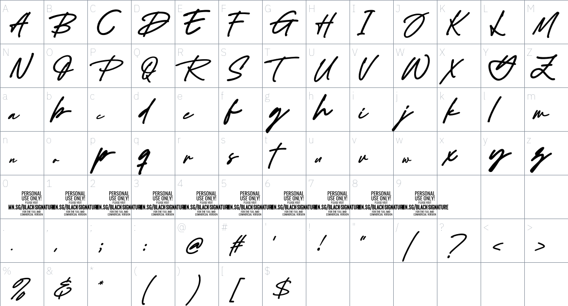 Black Signature font Character Map