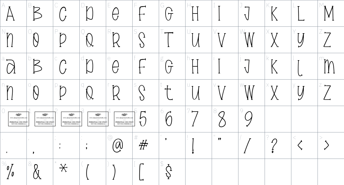 Glisten font Character Map