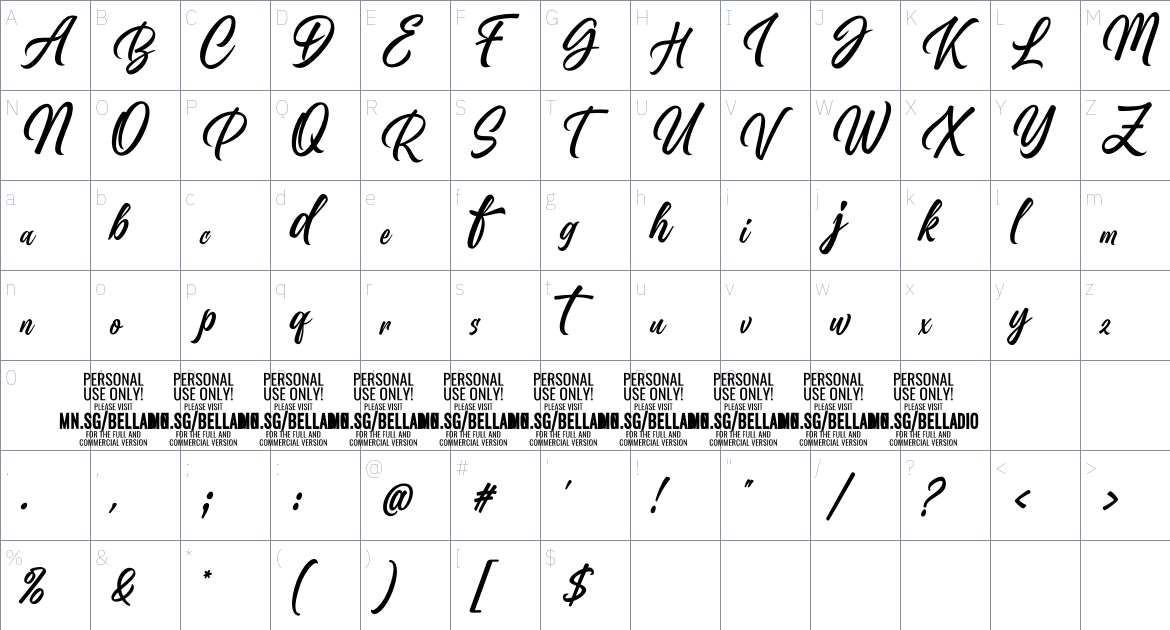 Belladio font Character Map