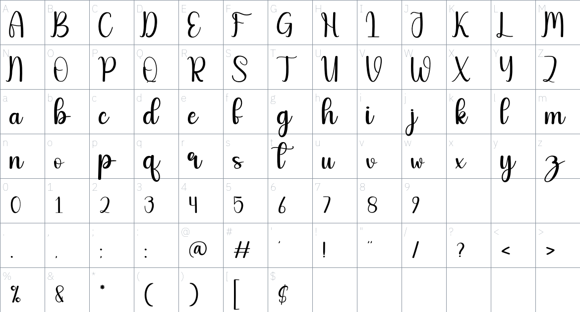 Brightnight font Character Map