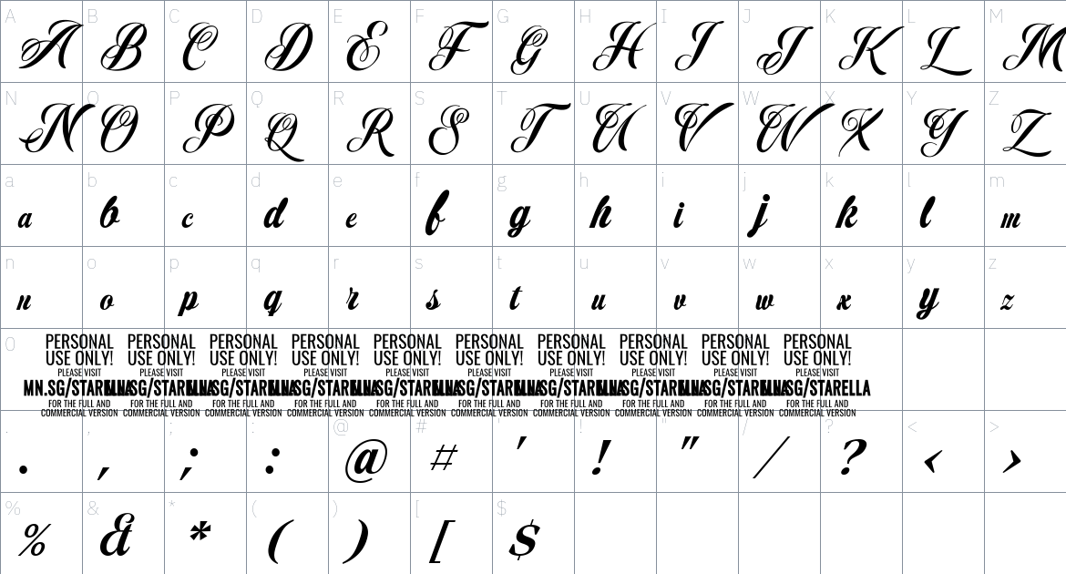 Starella Script font Character Map