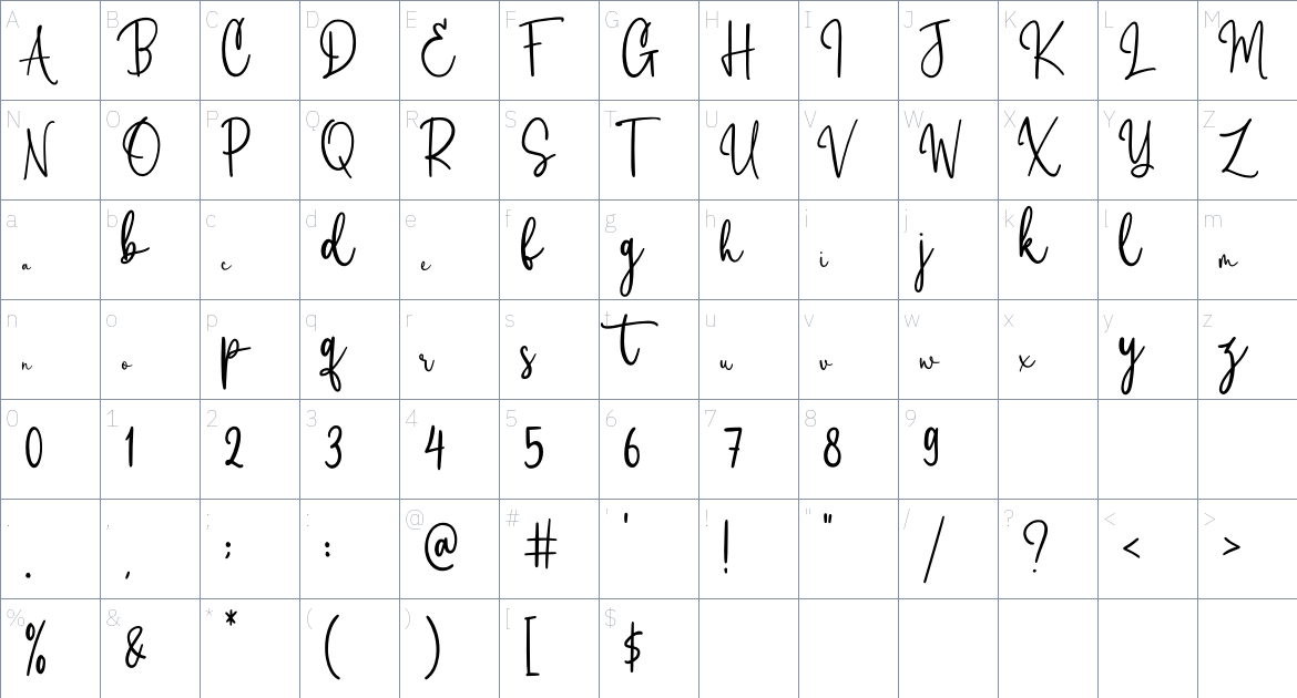 Camishta font Character Map