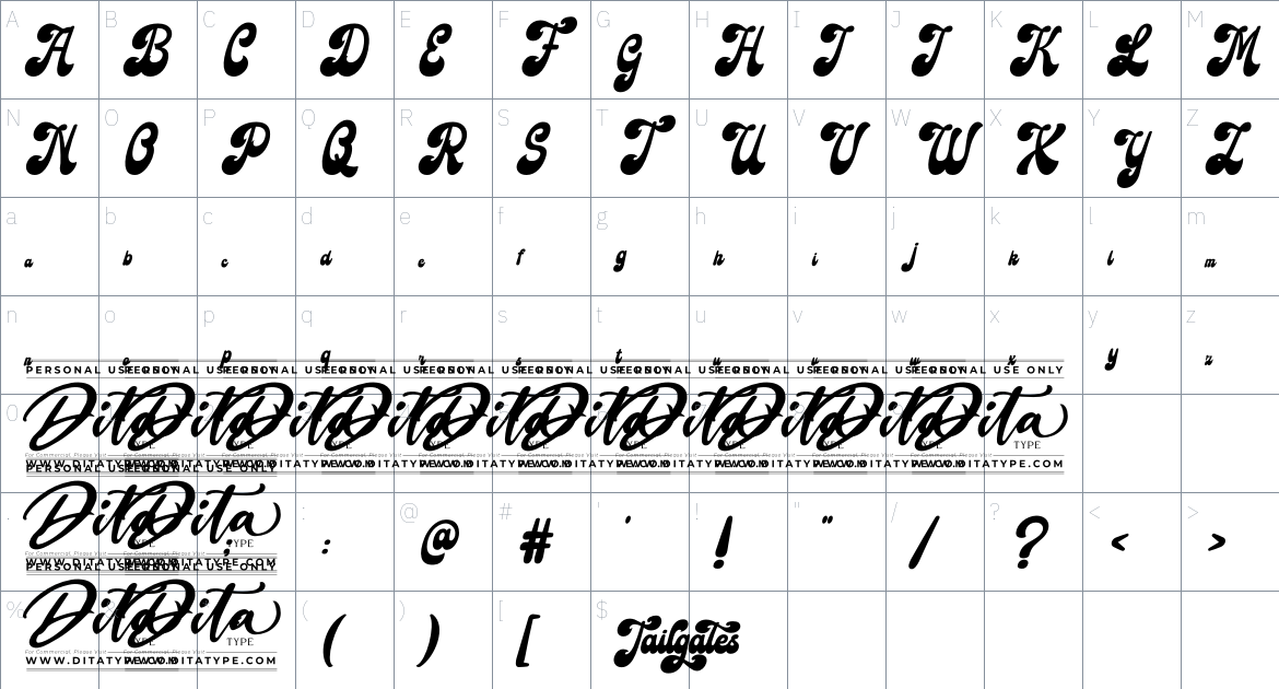 Tailgates font Character Map