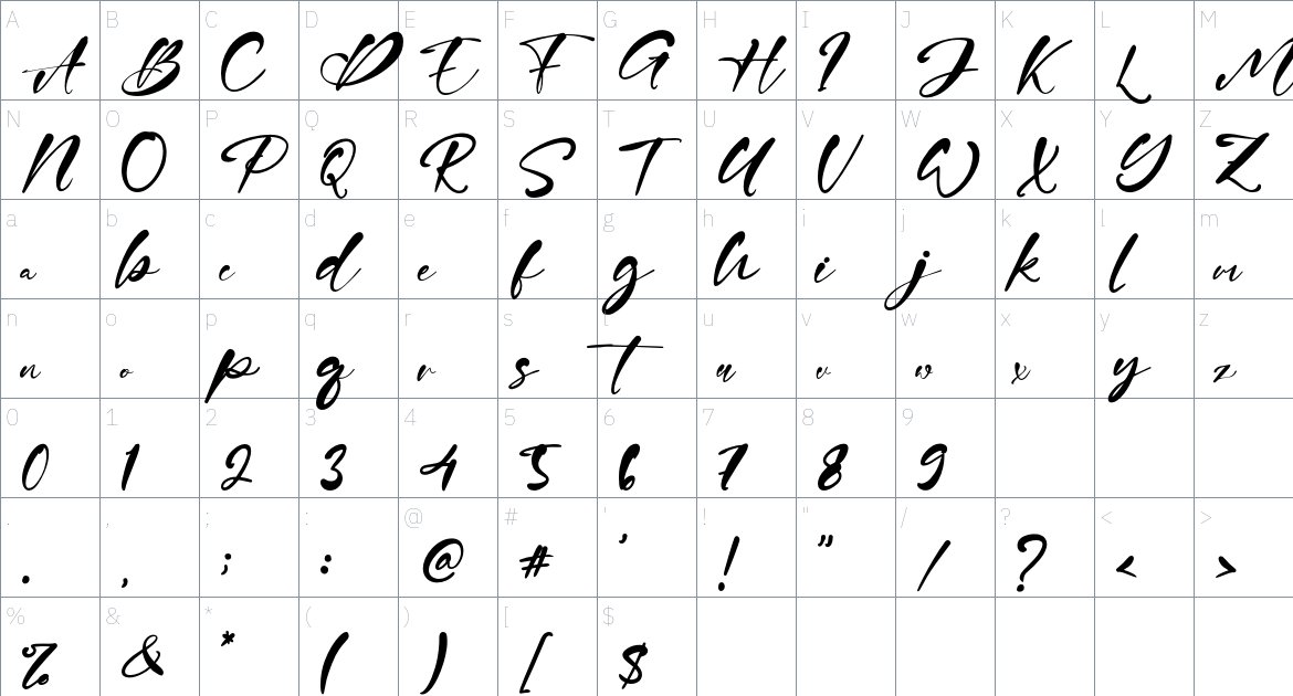 Glastona font Character Map