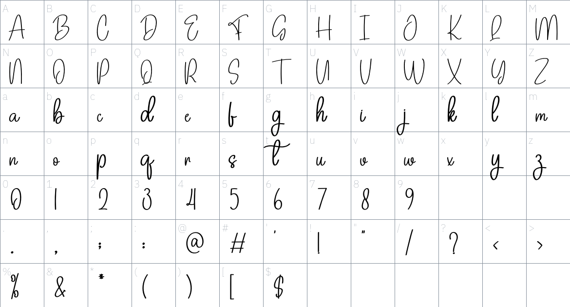 Eliana Signature font Character Map