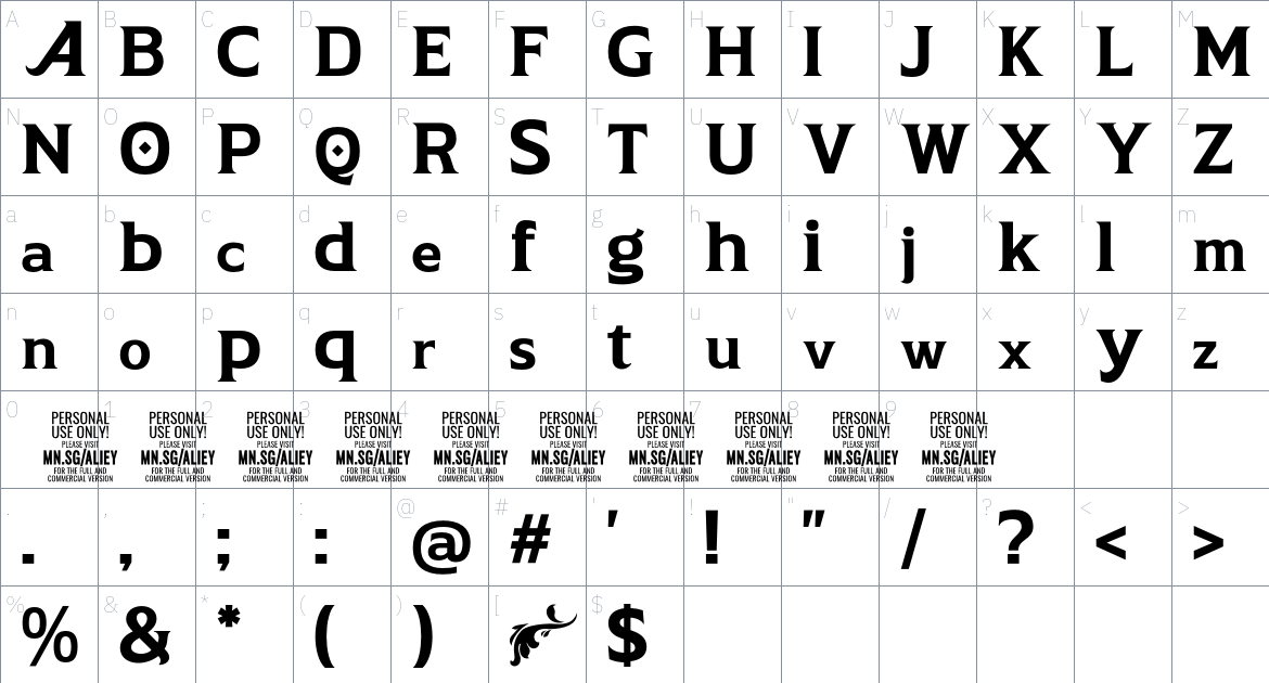 Aliey font Character Map