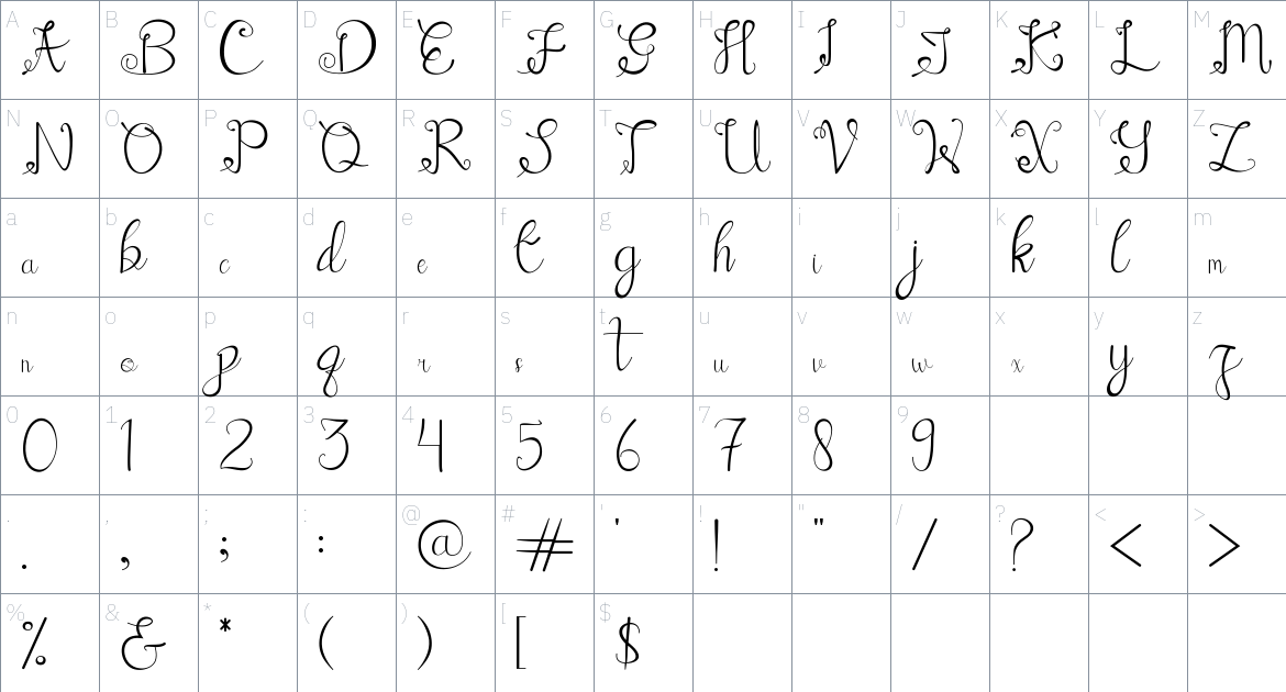 Angellina font Character Map