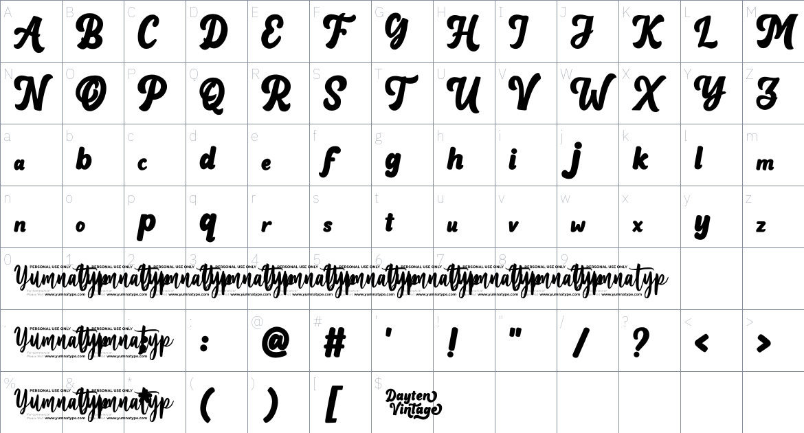 Dayten Vintage Personal Use font Character Map