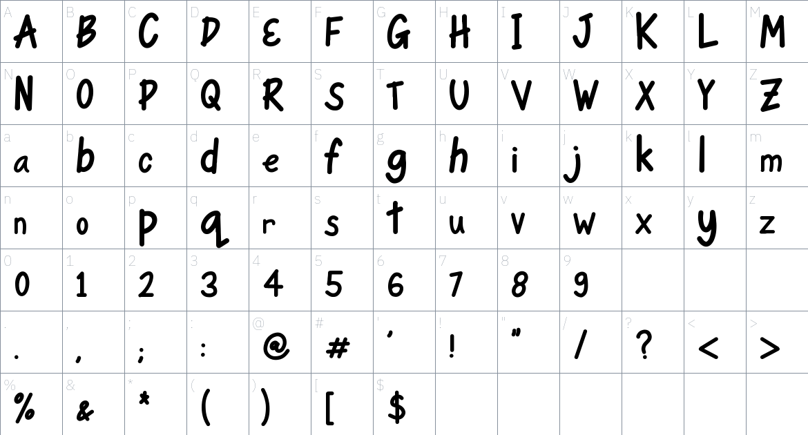 Valentiny font Character Map