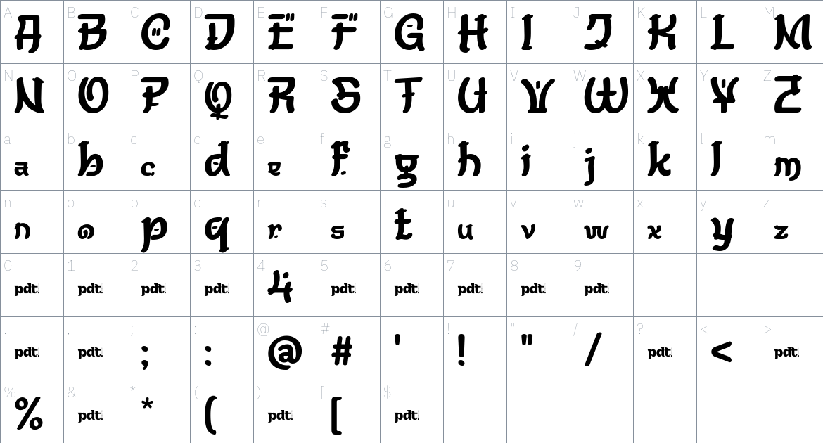 Yekow font Character Map