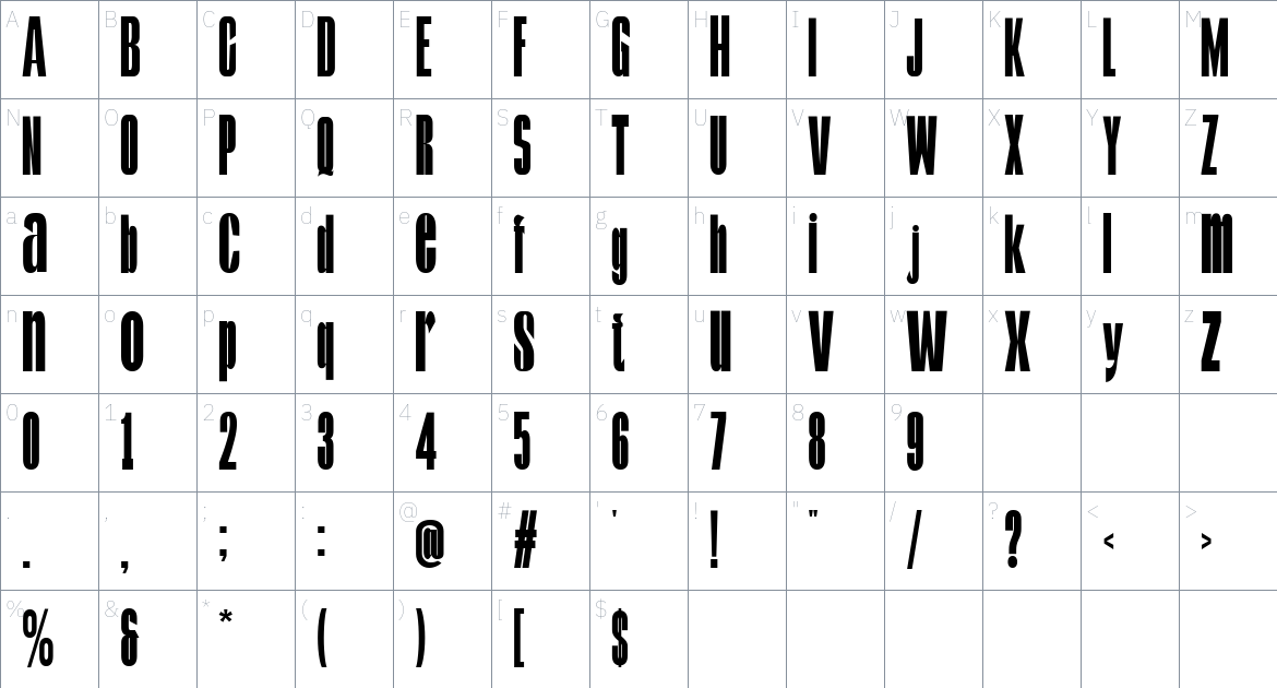 Kontes Compressed font Character Map