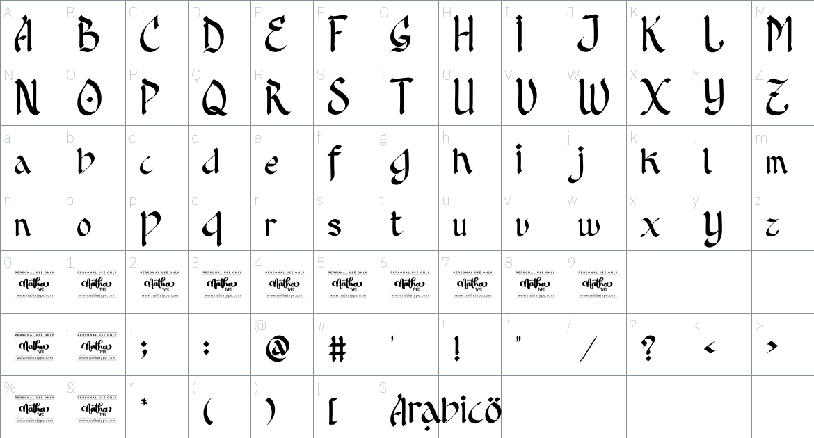 Arabico Personal Use font Character Map