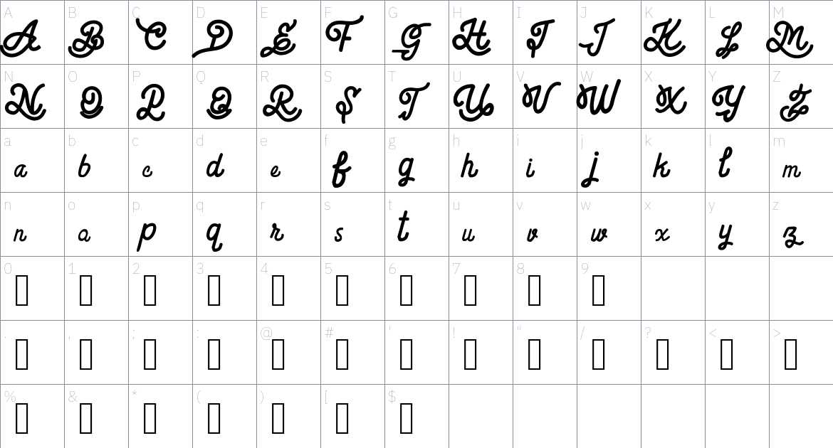 Billgis Script font Character Map