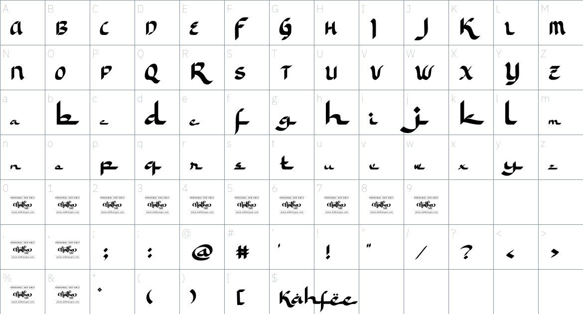 Kahfee Personal Use font Character Map