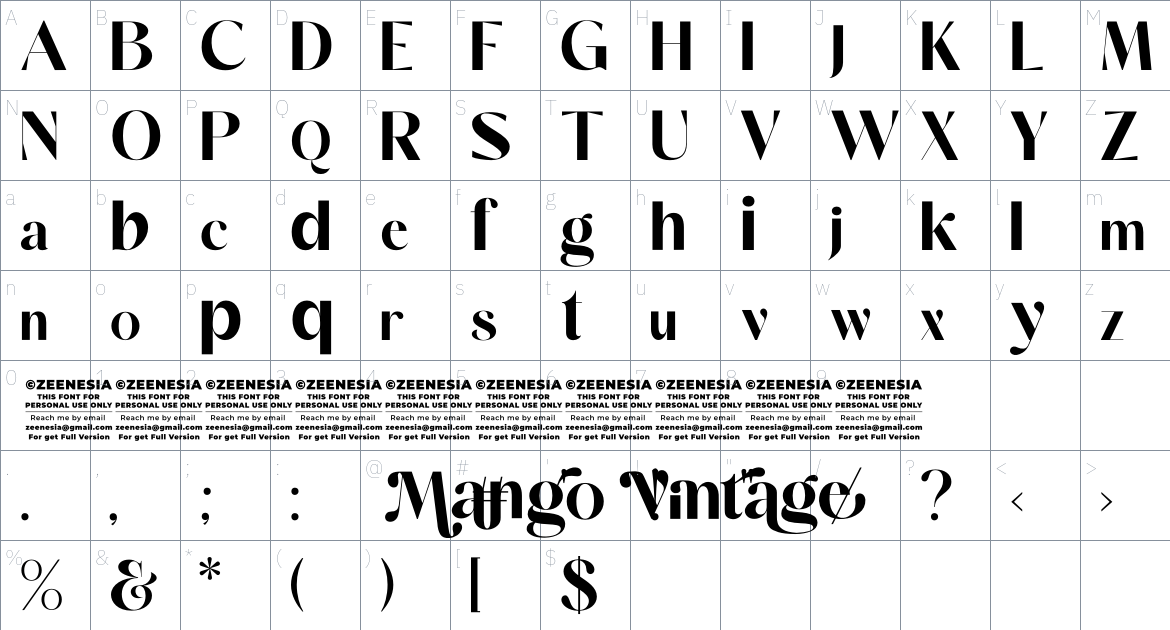 Mango Vintage Personal Use Only font Character Map