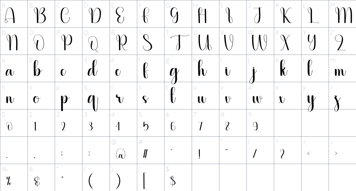 Penmanship font Character Map