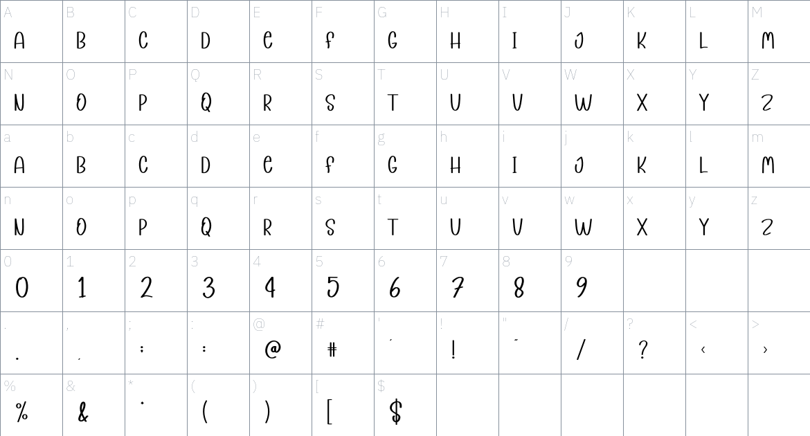 Cooming Soon font Character Map