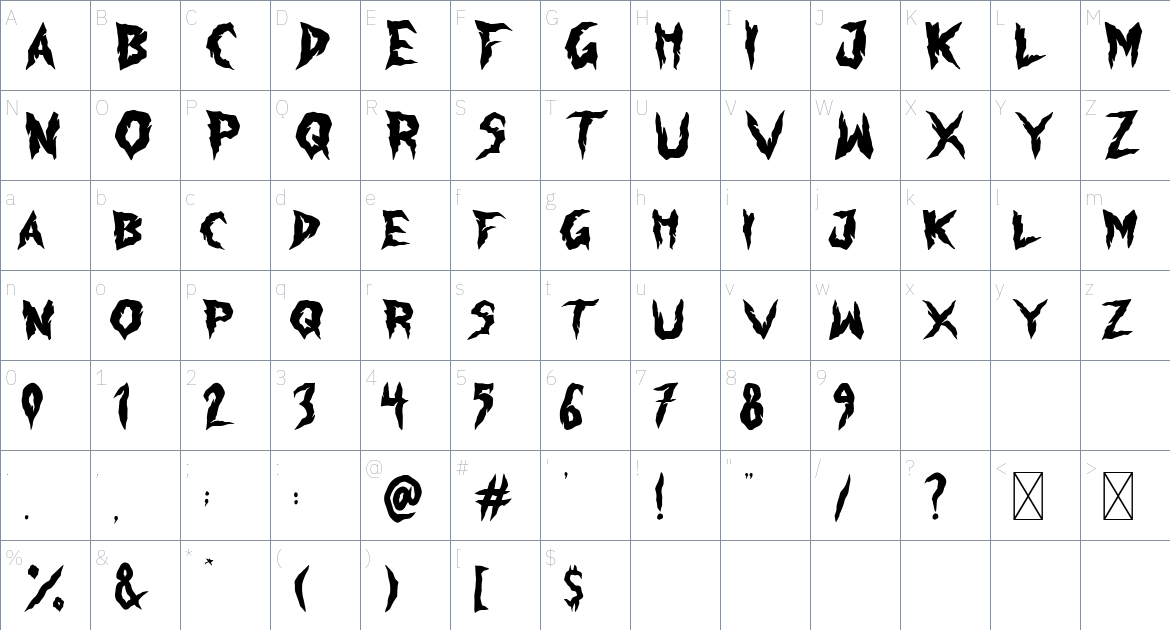 Furious Night font Character Map