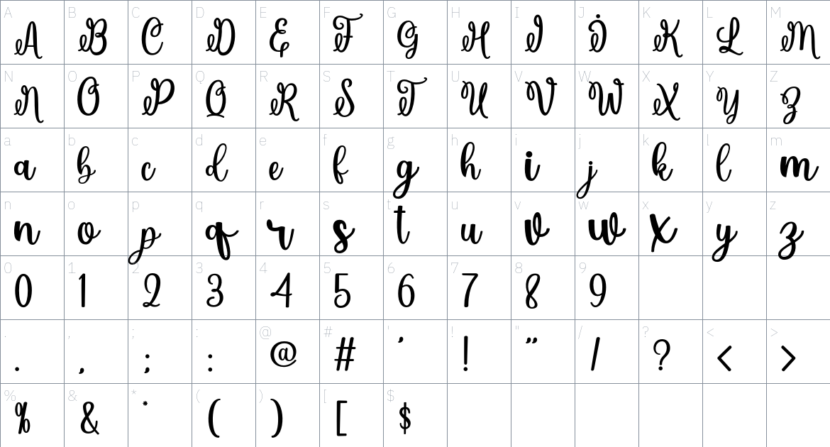 Handbag font Character Map