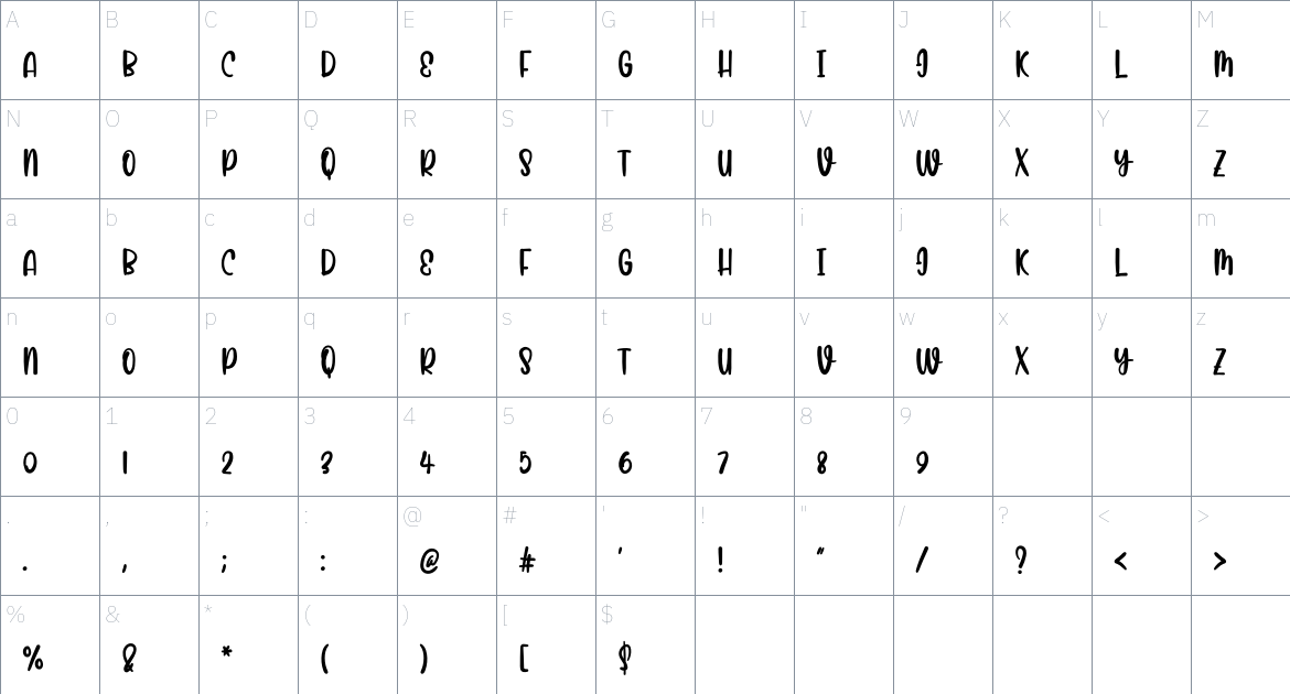 Beautiful Bunny font Character Map