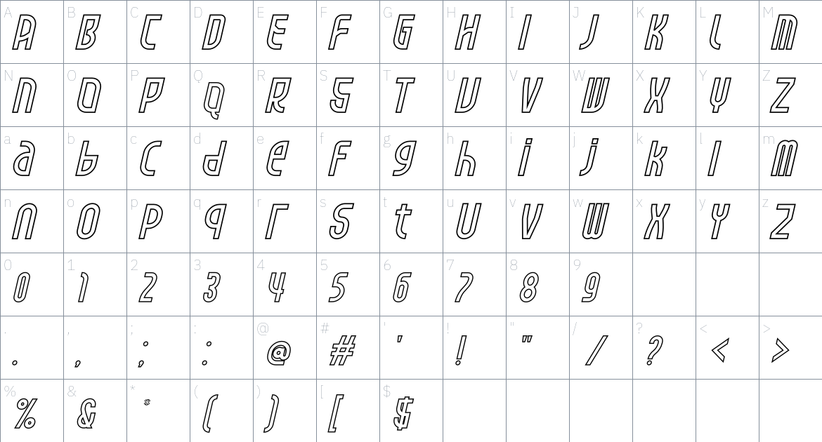 Royagna Outline Italic font Character Map