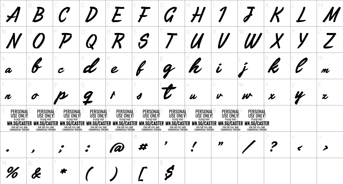 Caster Script font Character Map