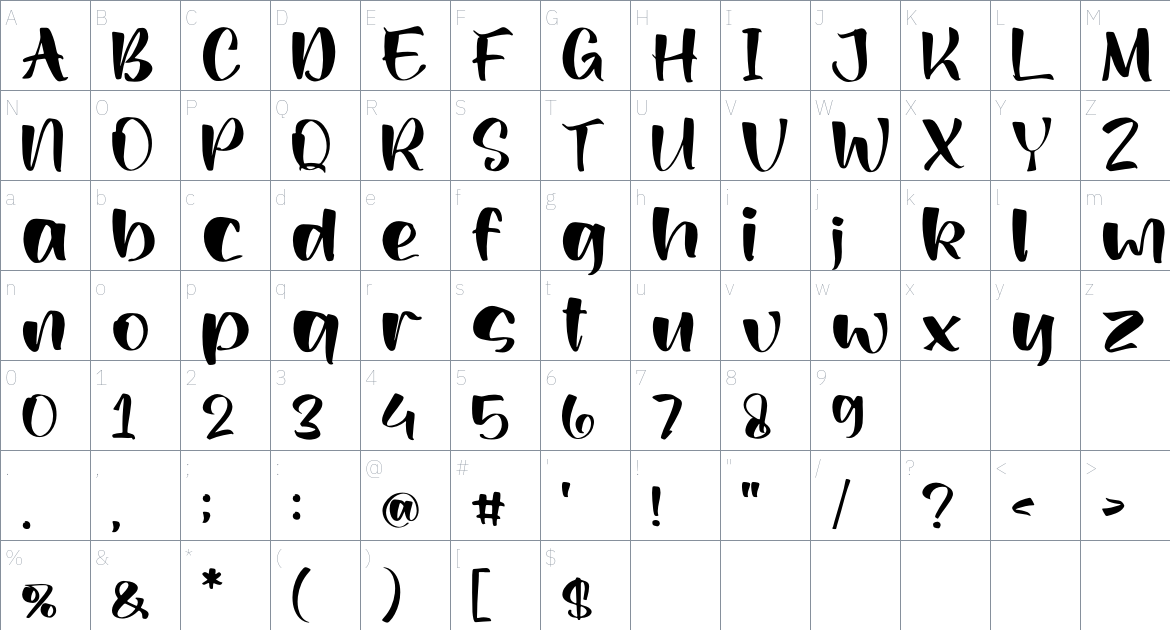 Methylia font Character Map