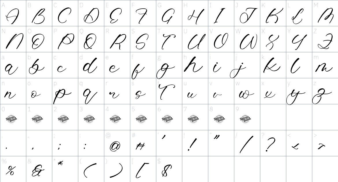 Tiramish Blause font Character Map