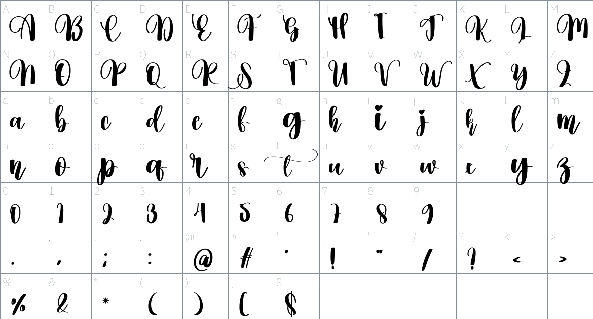 Hello Calligraphys Font font Character Map