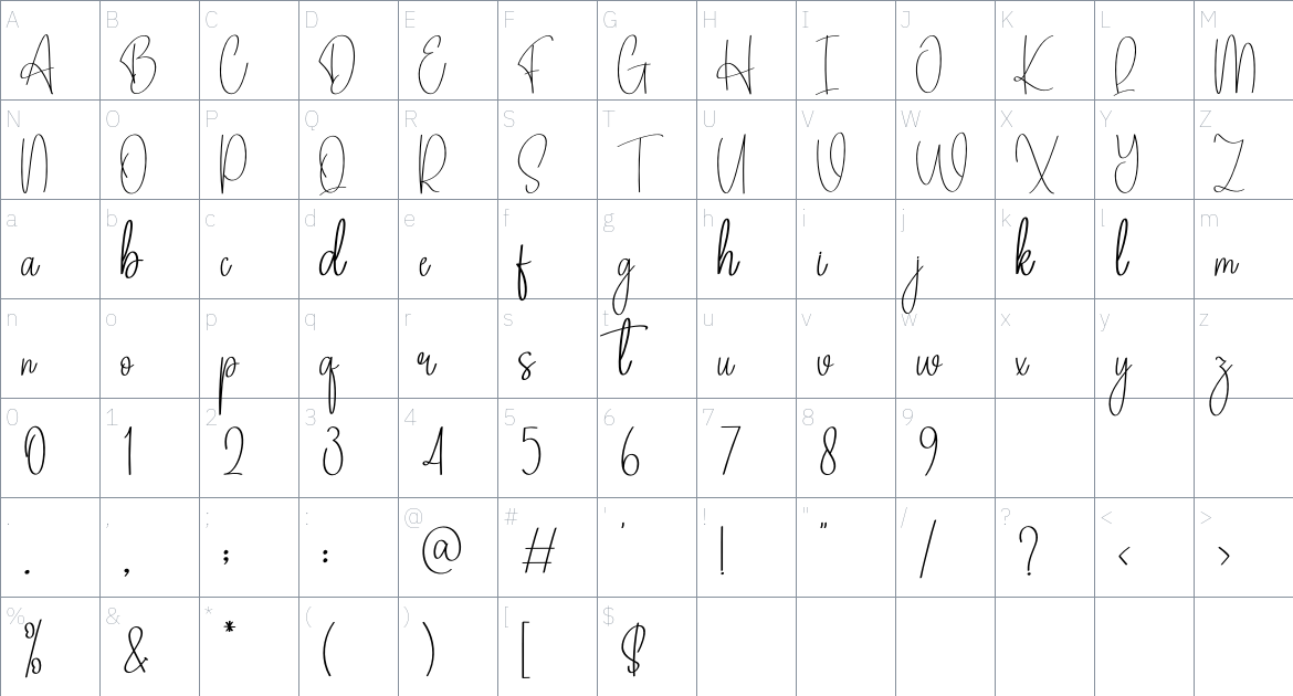 Angelina Signature font Character Map