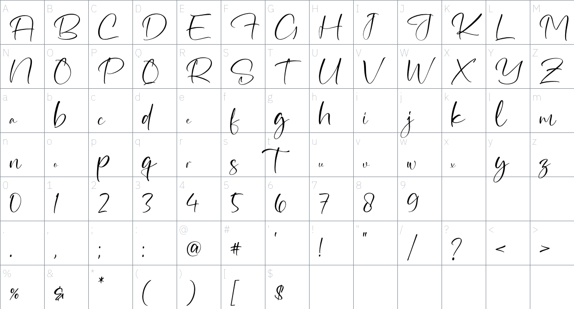 Beautiful Kaligan font Character Map