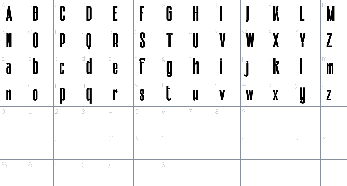 Galfego font Character Map