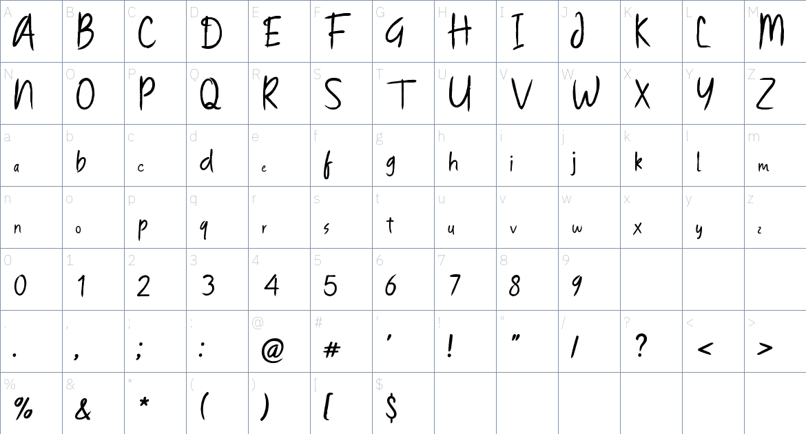 Handbrush Bright font Character Map