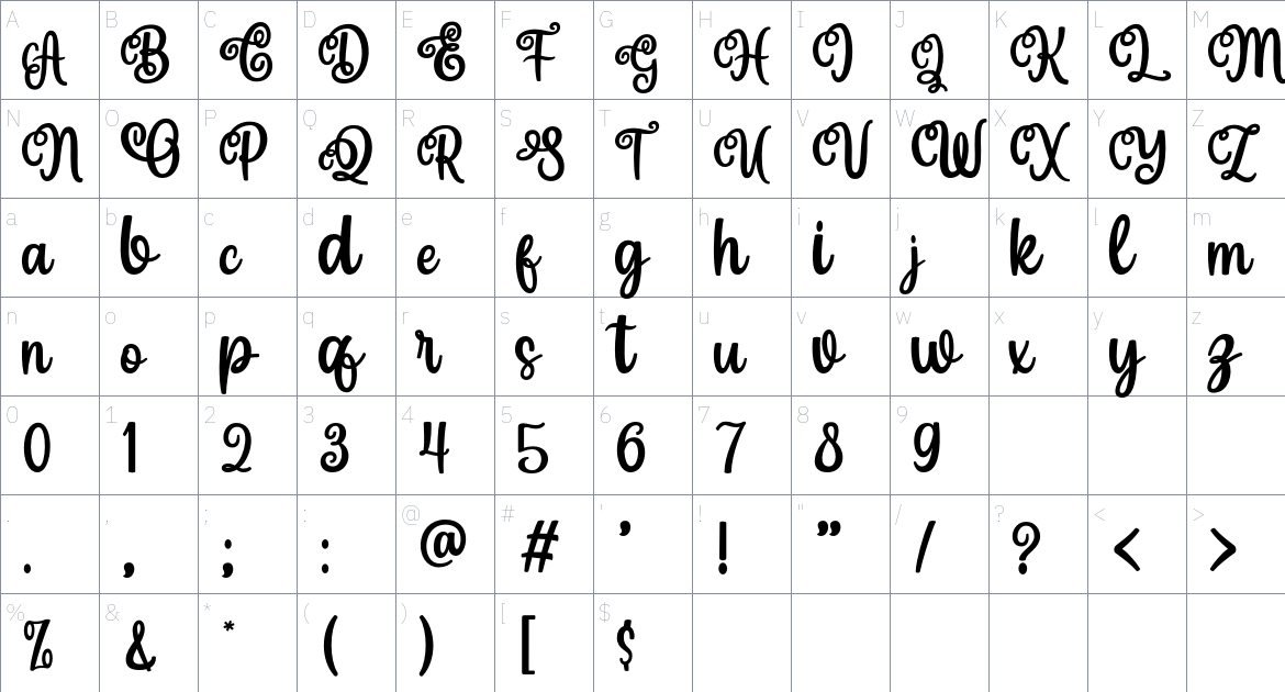 Brodygoal font Character Map