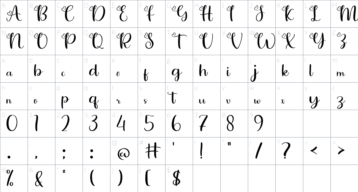 Love Vale font Character Map