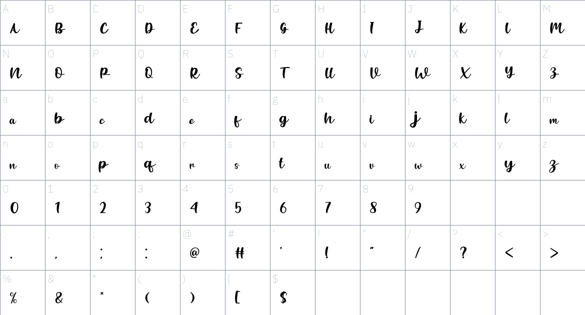 Blusbow font Character Map