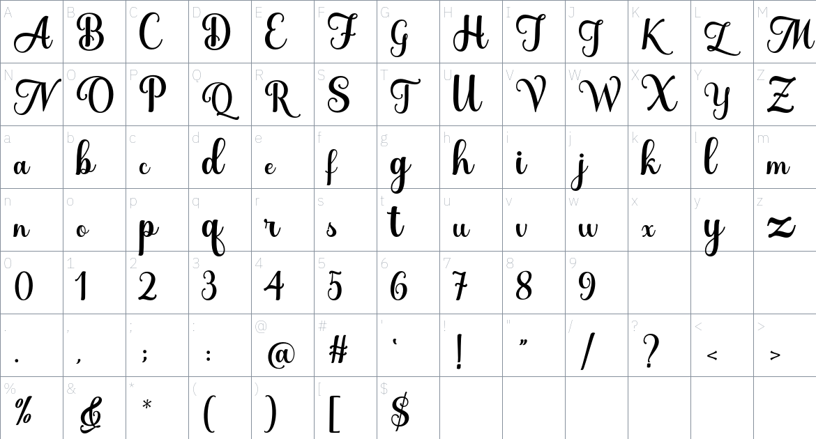 Catalina Shiba font Character Map