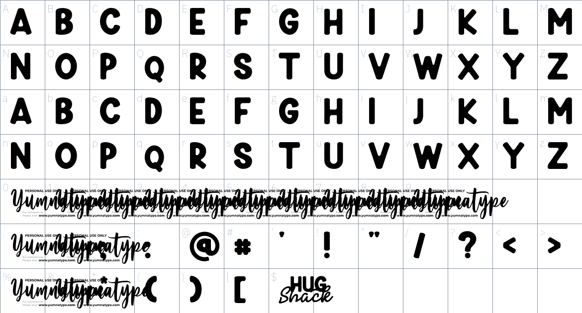 Hug Shack font Character Map