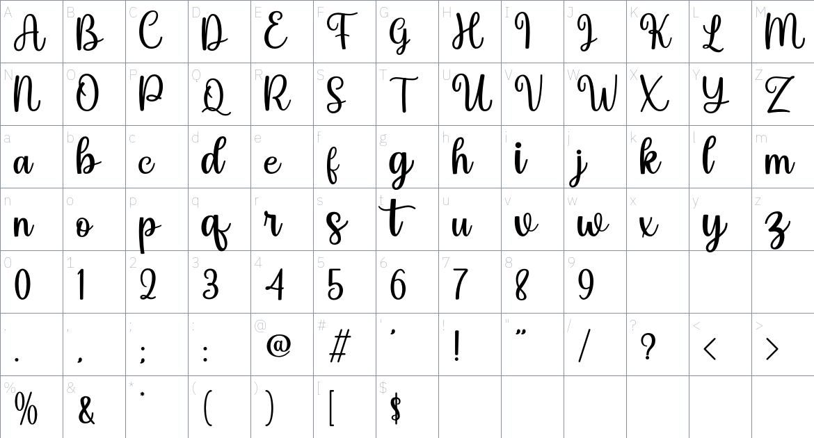 Angela Shining font Character Map