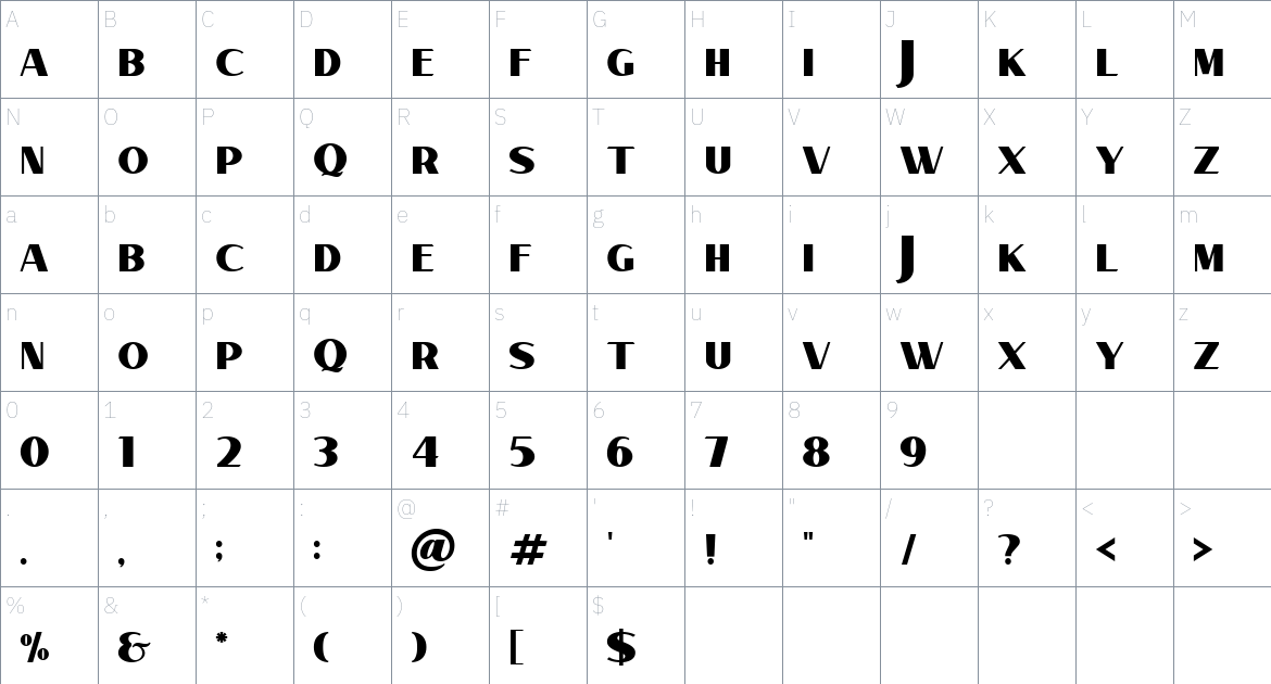 Verilet font Character Map