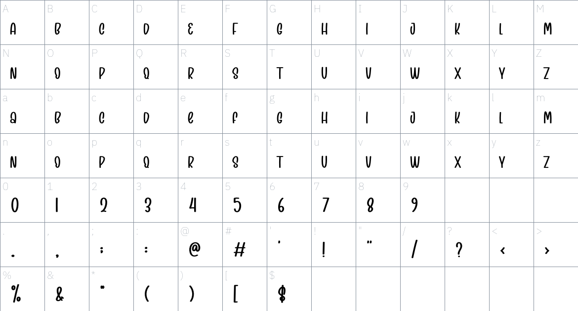 The Holiday font Character Map