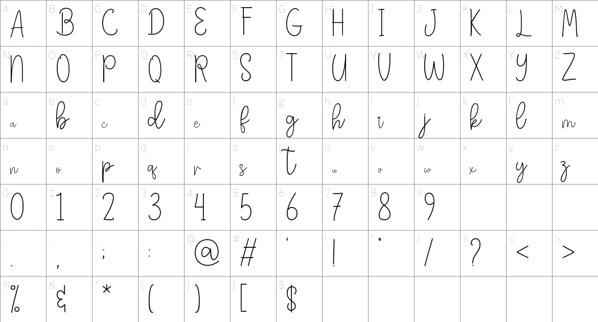 Heartin font Character Map