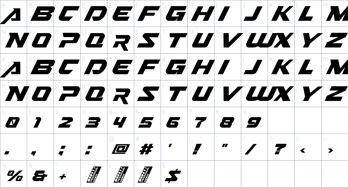 Nitro Chargers font Character Map