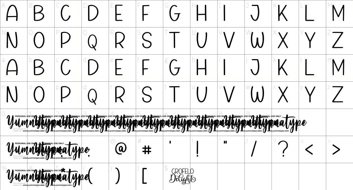 Crofelo Delight font Character Map