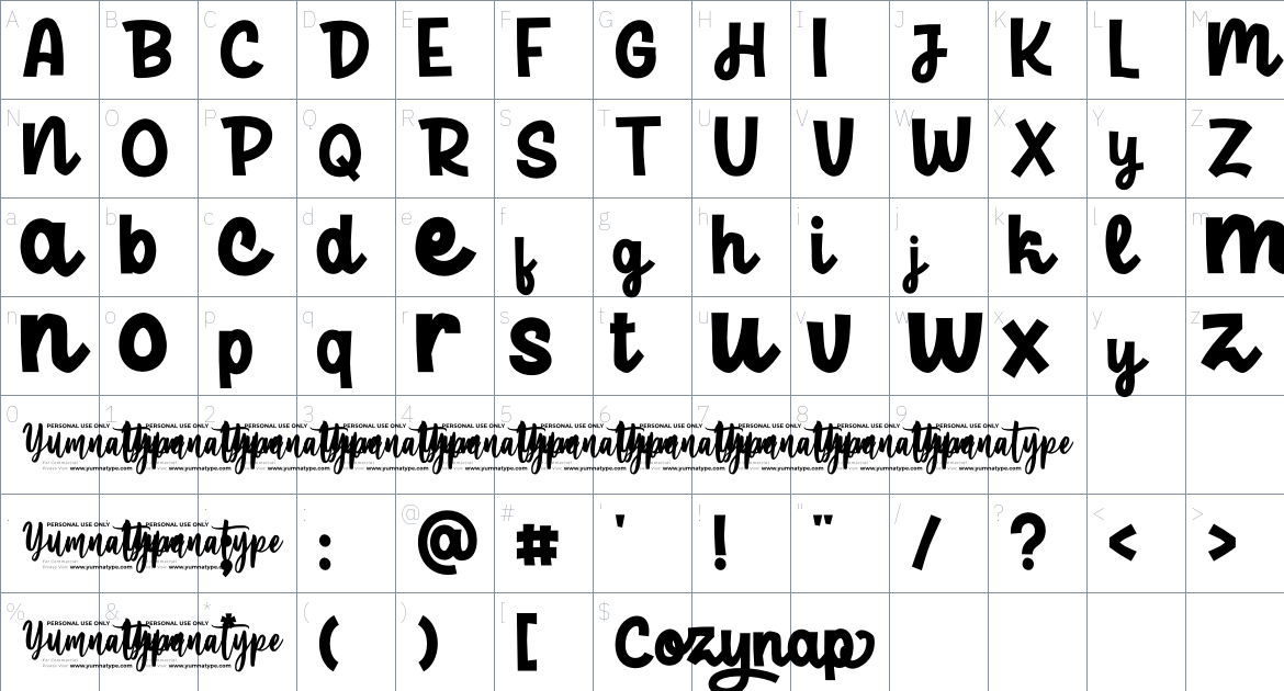 Cozy Nap font Character Map